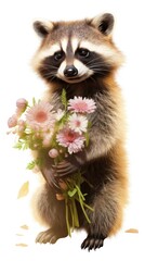 Fototapeta premium A raccoon holds a bouquet of flowers in its paws. Concept: Valentine's Day.