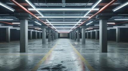 Obraz premium Empty parking lot with illuminated ceiling lights - A well-structured image showing an empty underground parking with symmetrically aligned ceiling lights
