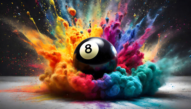 Spectacular Explosion: Colorful Rainbow Holi Paint Powder with Billiard Ball in the Foreground