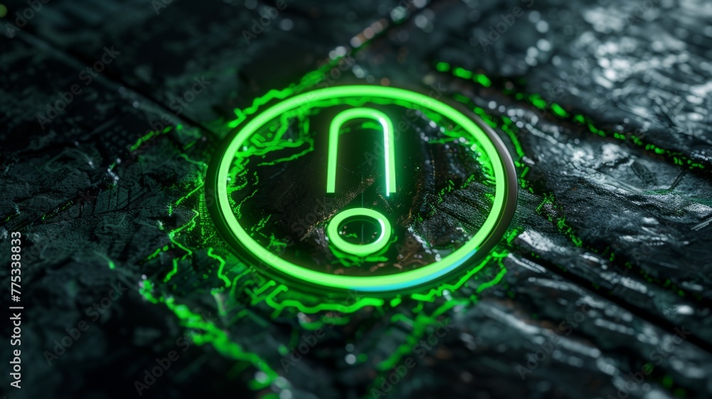 Poster alert icon illuminated on wet cybernetic surface - an alert icon shines with a green neon light on a
