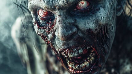 A close-up of a horror movie zombie with bloodshot eyes, blood on its teeth, and a gray, bloodstained face.