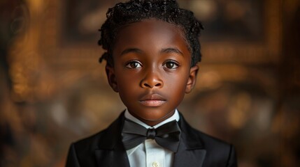 A stylish portrait of a young boy in a sophisticated black tuxedo, his posture impeccable, under soft, elegant lighting Captured in 16k, realistic, full ultra HD, high resolution, and cinematic photog