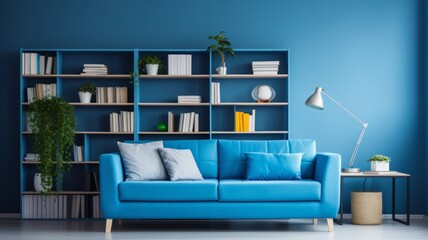 Stylish living room with a vibrant blue sofa - An elegant living room with a bold blue couch set against a blue bookshelf wall, creating a cohesive color scheme