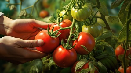 A person's hands are picking fresh tomatoes from a vine.