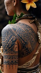 A woman with intricate tattoos on her back and a flower behind her ear.