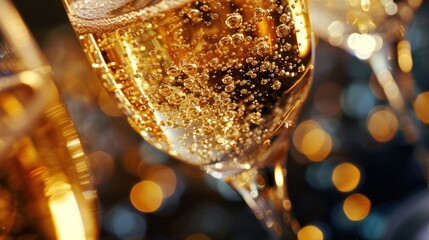 Close-up of a glass of sparkling wine with golden-hued bubbles rising up. The background is blurred. - obrazy, fototapety, plakaty