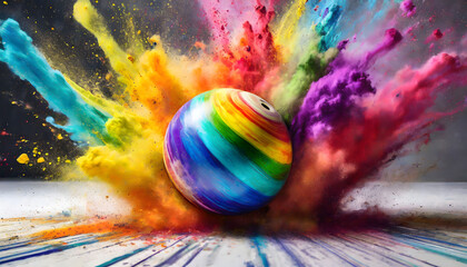 Spectacular Explosion: Colorful Rainbow Holi Paint Powder with Bowling Ball at the Forefront