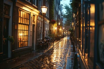 city wet road street evening illumination
