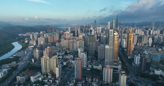 Aerial footage of landscape in shenzhen city, China 