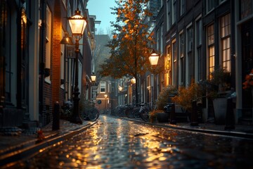 city wet road street evening illumination