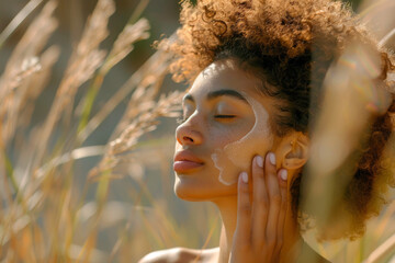 Woman with afro hair applying sunscreen in a sunlit field