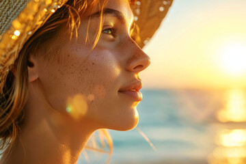 Close-up of serene young woman with sun hat at sunset on beach