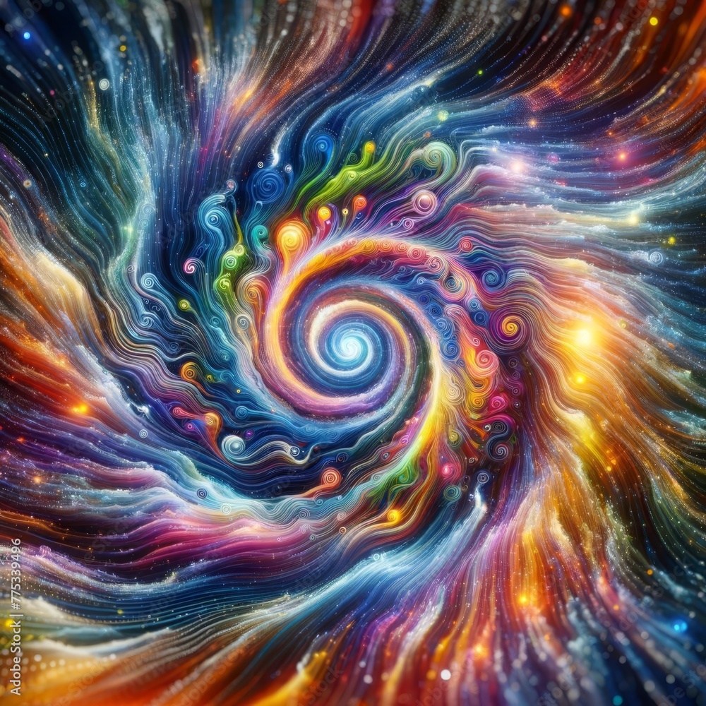 Poster a vibrant abstract representation of a cosmic swirl, mingling an array of colors that simulate a dyn