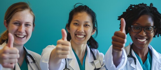 Three women in white coats giving thumbs up