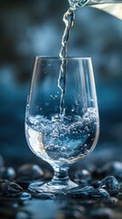 Water being poured into a glass on a rocky surface