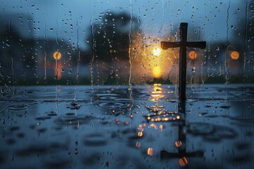 A cross formed by the intersection of raindrops on a window, stormy background for weathering financial downturns.