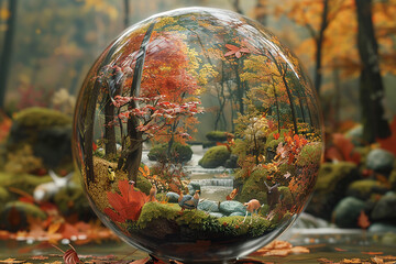 A vibrant autumn forest encapsulated within a transparent 3D glass globe, with fiery foliage,...