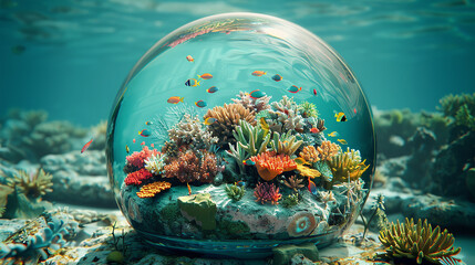A vibrant coral atoll surrounded by crystalline waters, alive with the movement of colorful fish and delicate coral formations, enclosed within a breathtaking 3D glass globe.