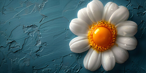 Egg yolk as the center of a daisy on a textured teal background. - obrazy, fototapety, plakaty