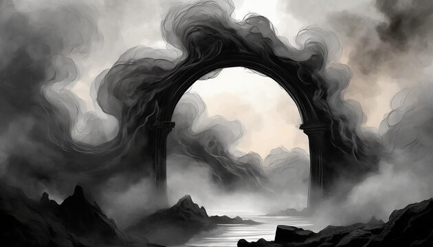 Black smoke in form of an arch. Mystical view. Fantasy world. Abstract art.