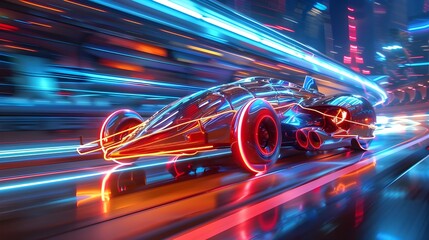 Futuristic  hovercar in the city, future creative running car concept long exposure neon light effect background HD wallpaper