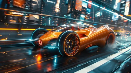 Futuristic  hovercar in the city, future creative running car concept long exposure neon light effect background HD wallpaper