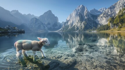 This image captures the moment a lamb curiously approaches a clear mountain lake, dipping its hooves into the water. - obrazy, fototapety, plakaty