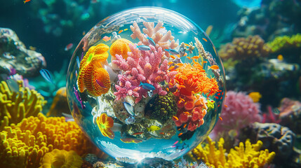 Obraz na płótnie Canvas A vibrant coral reef teeming with colorful marine life, enclosed within a perfectly formed 3D glass globe.