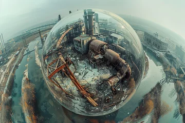  An abandoned industrial wasteland encapsulated within a clear 3D glass globe, with rusted machinery, crumbling factories, and toxic rivers snaking through the polluted landscape. © Ammara studio