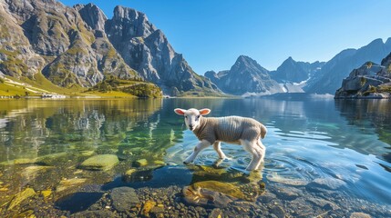 This image captures the moment a lamb curiously approaches a clear mountain lake, dipping its hooves into the water. - obrazy, fototapety, plakaty
