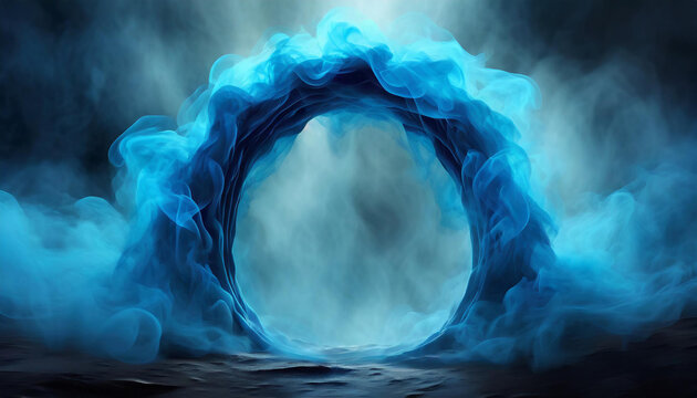 Blue smoke in form of an arch. Mystical view. Fantasy world. Abstract art.