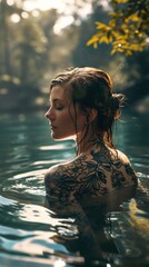 A woman with tattoos stands in a lake with her eyes closed.