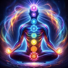 A vivid illustration of a meditative figure with chakras aligned, emitting radiant cosmic energy against a mystical background