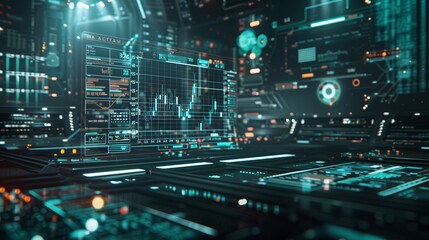 This image captures the sophisticated essence of finance and modern management through the lens of cybernetic science fiction.