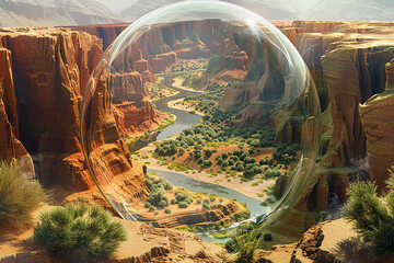 An arid canyon landscape captured within a transparent 3D glass globe, featuring towering cliffs,...