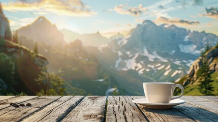 cup of coffee table beautiful landscape - obrazy, fototapety, plakaty