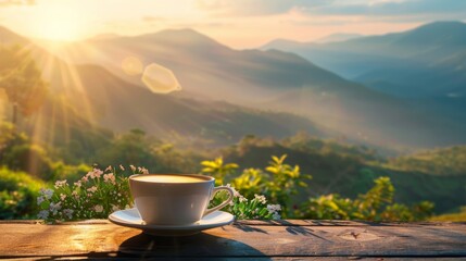 cup of coffee table beautiful landscape