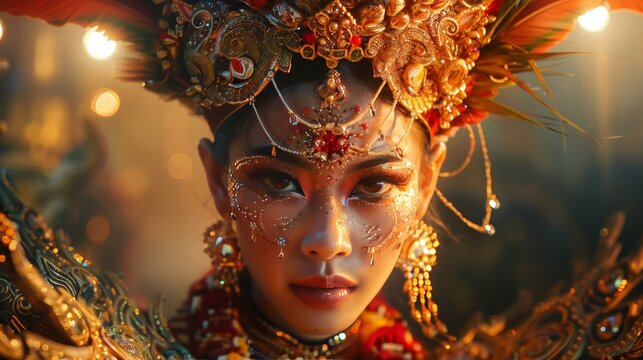 Balinese legong dancer in traditional costume with intricate makeup performing on a vibrant stage