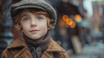 A young boy in a classic newsboy outfit, his charismatic presence enlivening an old city street scene Captured in 16k, realistic, full ultra HD, high resolution, and cinematic photography