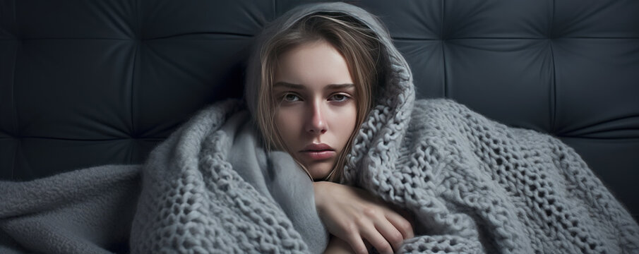 Ill or sick woman laying on sofa covering with grey blanket . banner