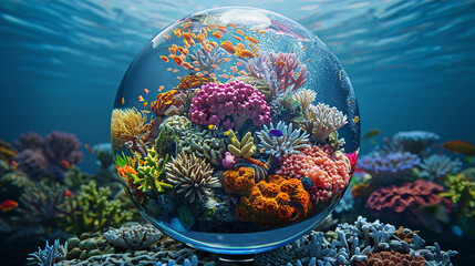 Obraz na płótnie Canvas An underwater utopia filled with vibrant coral reefs and exotic sea creatures, captured within a mesmerizing 3D glass globe.