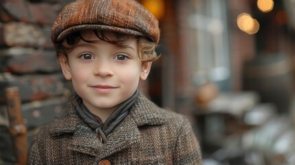 A young boy in a classic newsboy outfit, his charismatic presence enlivening an old city street scene Captured in 16k, realistic, full ultra HD, high resolution, and cinematic photography - obrazy, fototapety, plakaty