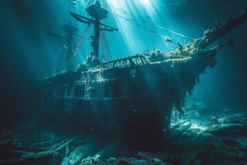 Sunlight Filtering Through the Ocean Onto a Submerged Shipwreck - obrazy, fototapety, plakaty