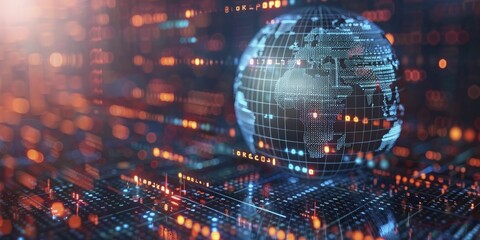 Crossed wireframe globe and currency symbols, digital blue background for global investment outlook.