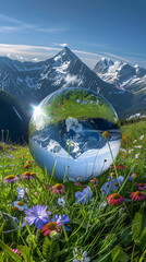 A serene alpine meadow, with wildflowers blooming amid the grassy slopes and snow-capped peaks towering in the distance, all contained within a pristine 3D glass globe,  - obrazy, fototapety, plakaty