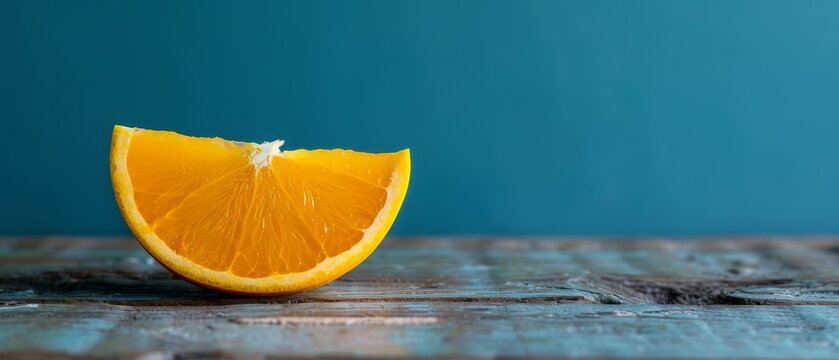   An orange half sits atop a wooden table beside a blue wall and a blue background