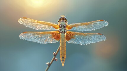 A dragonfly gracefully perches on a twig, creating a serene scene against a sky blue backdropâ€”an analogy for nimble financial tactics. - obrazy, fototapety, plakaty