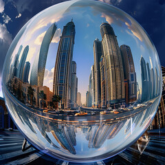 A bustling city skyline with towering skyscrapers and bustling streets, captured within a polished 3D glass globe.