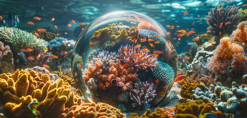 A bustling coral reef ecosystem thriving within the confines of a 3D glass globe, showcasing the beauty of underwater life. - obrazy, fototapety, plakaty