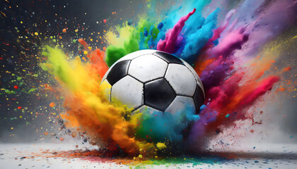 Dynamic Burst: Colorful Rainbow Holi Paint Powder Explosion with Soccer Cleat Leading the Way